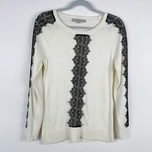 Ann Taylor LOFT Size Small Lace Trim Wool Blend Crewneck Sweater Cream